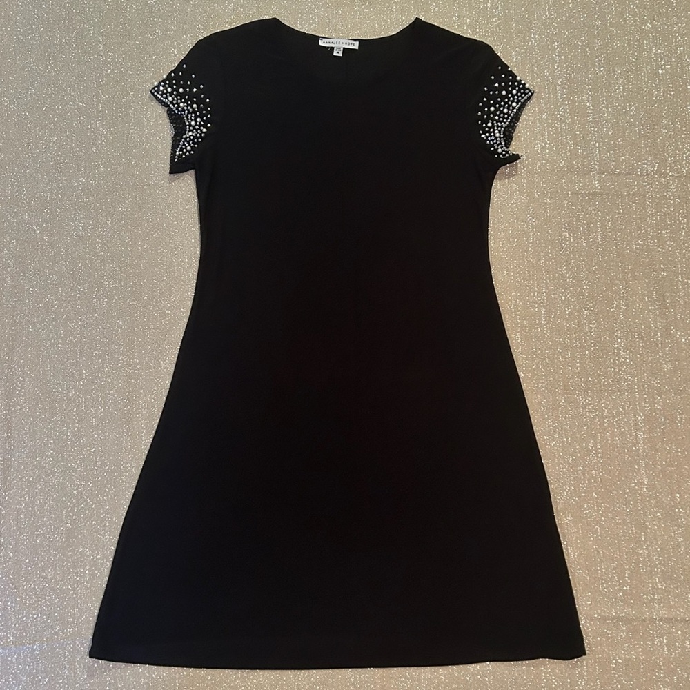 Annalee + Hope black shift dress with bejeweled cap sleeves, size M